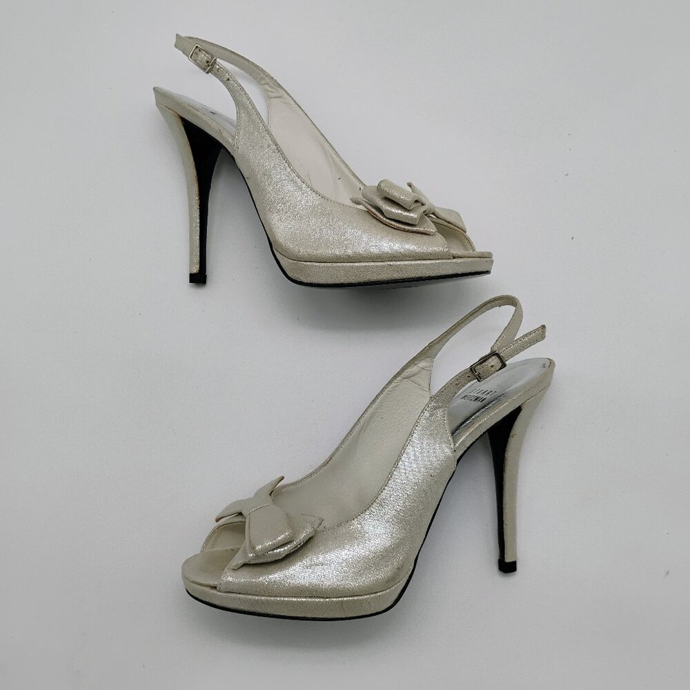 Stuart Weitzman Silver Suede Open Toe Slingback H… - image 7